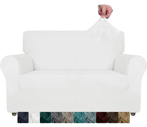 CHELZEN Housse de canapé en Velours 2 sièges épais Housses de canapé Extensibles pour Chiens Animaux de Compagnie (2 Places, Blanc)