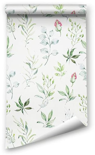 ICYEHAO Papier Peint Feuille Vert,44 x 1000cm Papier Peint Adhesif Mural Vert et Blanc Papier Peint Adhesif Floral Rose Papier Peint Botanique Papier Peint Adhesif pour Meuble Chambre,Cuisine,Salon