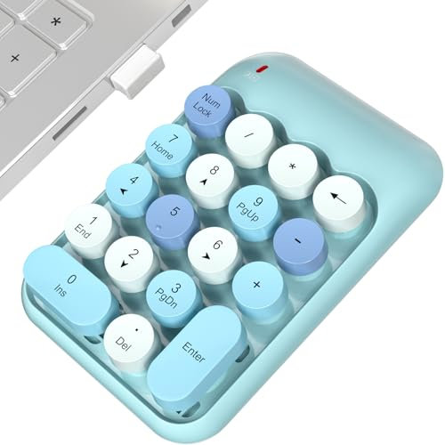 MOWUX Pavé numérique sans fil, joli pavé numérique coloré 2,4 GHz, extensions de clavier à 10 numéros de touches pour ordinateur portable, ordinateur de bureau, PC (bleu)