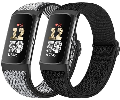 Bcuckood 2 Stück elastische Nylon Armband kompatibel mit Fitbit Charge 6/Fitbit Charge 5, verstellbares, atmungsaktives Ersatz-Stretch-Nylon-Schlaufen armband, Sportarmband für Damen und Herren