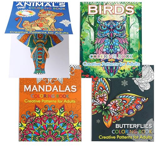 Silunkia Malbücher für Erwachsene, 4 Malbücher, 21,6 x 27,9 cm, Tier, Schmetterling, Vogel, Mandala-Designs, Malbücher für Erwachsene zum Entspannen und Lindern von Angstzuständen, Spiralbindung oben