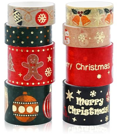 Washi Tape Set 8 Rotoli Natale Tape decorative colorati japanese Washi Tape Set Nastri Washi mascheratura per decoratori fai da te scrapbooking adesivo per feste Incartare Regali (Pupazzo di neve)