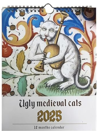 Kalender 2025 Ugly Medieval Cats – 22 x 28 cm, lustige Katzen, mittelalterlicher Kunstkalender, mittelalterlicher Wandkalender, Wandkalender, 12 Monate, Januar bis Dezember, Wandbehänge, seltsame