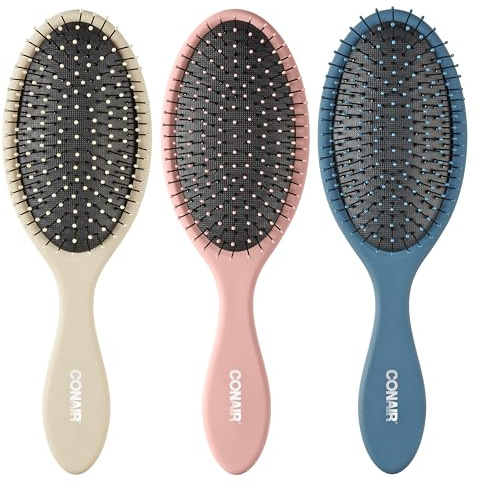 Conair Detangling Hairbrush 3PK - For wet and dry hair - curly hair brush - hair brushes for women - detangler brush - hair brushes for women - Beige, Navy, Coral
