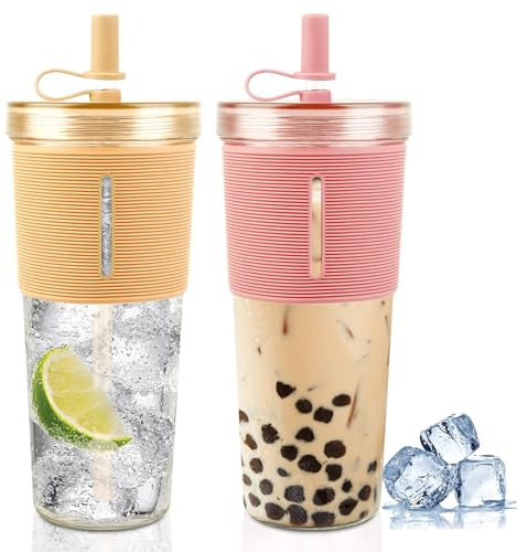 Lot de 2 gobelets de 710 ml, avec couvercle et paille, en plastique isolé, réutilisables, avec couvercle et paille pour smoothie, thé à bulles, café glacé