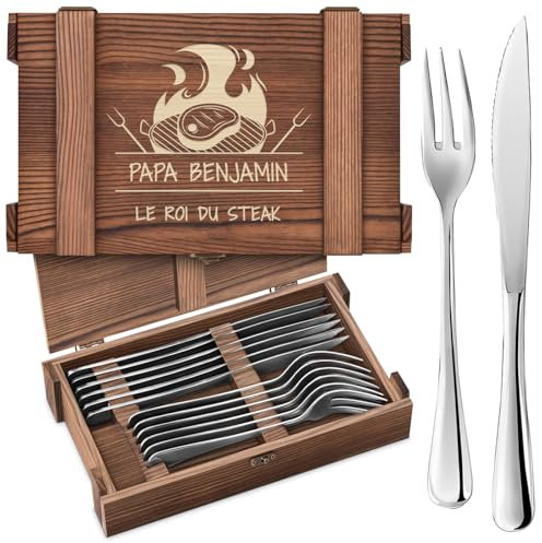 Maverton Steakbesteck 12-teilig - 6 Steakmesser und 6 Steakgabel - Edelstahl Grillbesteck in Holzkiste - personalisierte Geschenke für Männer - Besteck Set für 6 Personen