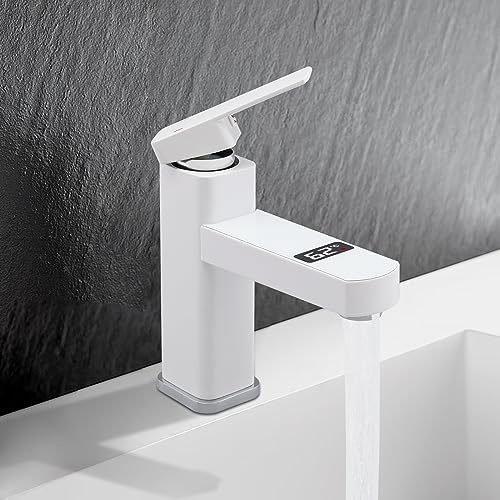 Qussse Wasserhahn Bad mit LED Digitale Anzeige, Waschtischarmatur mit 2 Schläuche, heiß und kalt Waschbecken Armatur für Badezimmer, Küchen, G1/2 Schnittstelle, Weiß