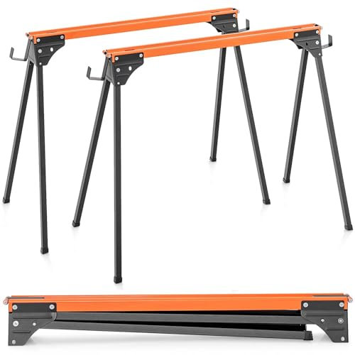 Heavy Duty Folding Saw Horses Twin Pack, Quick Open Legs & 2 x 4 Support Arms for Workbench Support, Portable Trestle Stands Pair