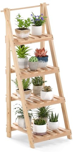 COSTWAY Blumentreppe klappbar, Leiterregal mit 4 Ablagen, Blumenregal aus Tannenholz, Pflanzleiter Pflanzenregal Blumenständer, Pflanzenständer Balkon Garten Indoor Outdoor, Natur, 52 x 38 x 109 cm