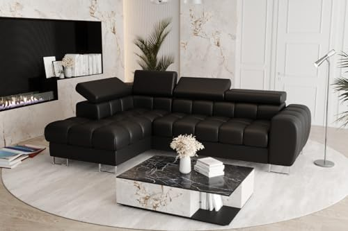 Friderik Ecksofa Aspen Mini mit Schlaffunktion– 260x170 cm - Madrit-Kunstleder - verstellbare Kopfstützen - Bettkasten - Liegefläche 117x190 cm (Schwarz, Links)