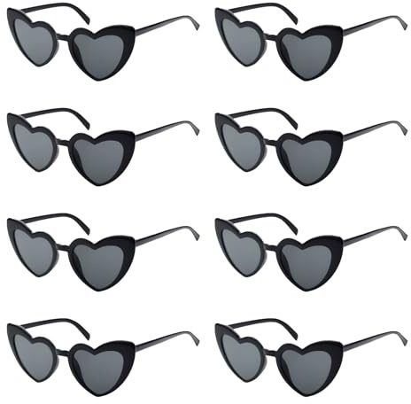 Rongxze 8 Stück Herz Sonnenbrille, Sonnenbrille Herzform Vintage, Partybrille Hippie Brille für Kinder und Erwachsene Foto Requisiten Hochzeit Party Karneval Halloween Weihnachten (Schwarz)