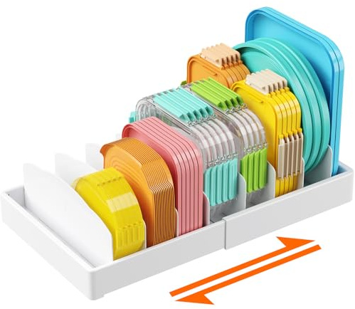 Lifewit Küchen-Schrank-Organizer für Frischhaltedosen-Deckel mit 9 Fächern | Ausziehbarer Deckelhalter mit 8 verstellbaren Trennwänden für Küchenorganisation und Aufbewahrung, Weiß, Extra groß, 25-43cm
