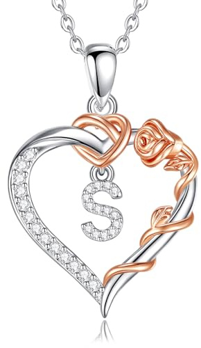 EUDORA Harmony Ball Collana con Iniziale a Forma di Cuore Placcata in Rame Rodiato con Zirconi Cubici per Donna, Ciondolo a Forma di Fiore in Oro Rosa con Lettera S Alfabeto Dalla S Regalo, 18+2