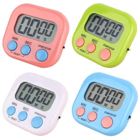 4er-Set Digitaler Küchentimer, Magnetischer Kurzzeitwecker mit LCD Display, Große Zahlen für Kochen & Backen, Eieruhr mit Standfuß (Weiß, Blau, Rosa, Grün)