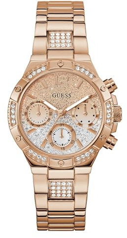 GUESS Damen Armbanduhr Chronograph, Edelstahl, Goldton, Mit Kristallen verziert, wasserdicht 50 m