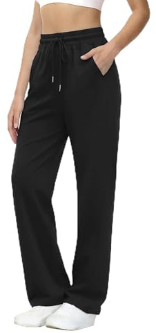 Aseniza Jogginghose Damen High Waist Trainingshose Freizeithose Kurzgröße Sporthose Relaxhose Geradem Bein Hose Baumwoll Damenhose mit Gummizug Taschen für Alltag Workouts Schwarz L