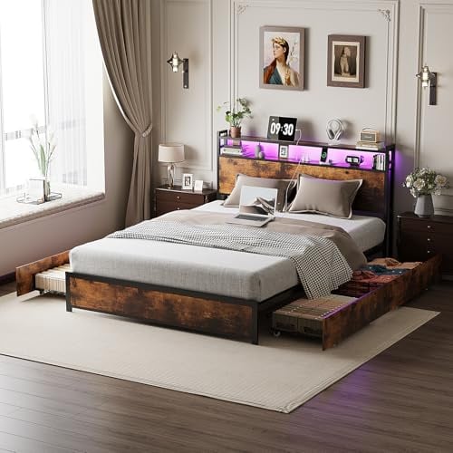Bonnlo Double Bed Frame with 4 Storage Drawers & Charging Station (2 USB/2 Outlets & 1 Type-C Ports), Metal Bed Frames LED Double Bed - Storage Headboard & LED Light, No Mattress, 135x190cm