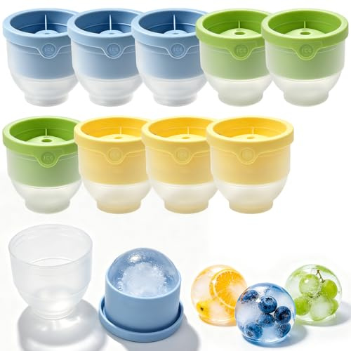 HINATDD 9 Pièces Grand Bac à Glaçons en Silicone, Moule à Glaçons Rond de 6 cm, Moules à Glaçons Ronds Réutilisable avec Couvercle pour Whisky, Cocktails, Vin, Boissons (Jaune, Bleu, Vert)
