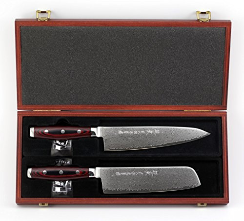 Damastmesser-SET Yaxell SUPER GOU 161 - Kochmesser + Nakirimesser in exclusiver Holzbox - Schnittkern aus Pulverstahl 63HRC