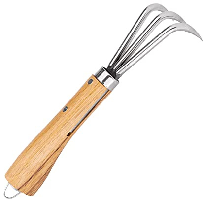 Nisaku NJP957 Nekaki Sanbondume Handheld Triple Claw Cultivator, Japanese Stainless Steel Tine Length 1.5-Inch, 5.5-Inch Polished Wood Handle