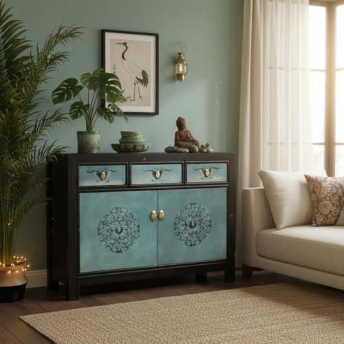OPIUM OUTLET chinesische Kommode Sideboard Schränkchen Anrichte Shabby Chic Stil Kolonialstil schwarz-türkis