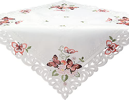 Quinnyshop Rosa Schmetterlinge Stickerei Frühling Tischdecke Mitteldecke ca. 85 x 85 cm Polyester, Weiß