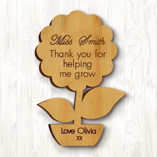 Personalised Thank you Teacher Gifts for Women Men, Wooden Fridge Magnet, Gifts for Teacher Tutor Teaching Assistant Pre School Nursery Leaving Graduation (Flower)