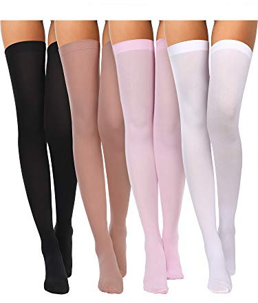 4 Paires Bas Haut de Cuisse en Soie pour Femmes Chaussettes en Nylon pour Costume de Cosplay d’Halloween Accessoire de Fête (Noir, Blanc, Couleur de Peau, Rose, Taille F)
