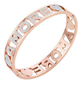 Xinyixin Bracciale rigido AMORE da donna, bracciale con ciondolo a forma di cuore, bracciale in oro rosa e acciaio inossidabile placcato argento con cristallo