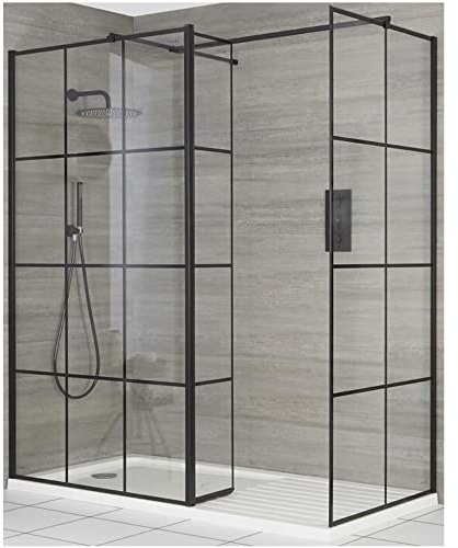 MILANO Black Grid Corner Shower Enclosure Return Drying Tray 1700 x 900mm | Toughened Glass Panels. Aluminium Profile. Contemporary Style. Framed Design. Corner Installation. Drying Tray & Waste.