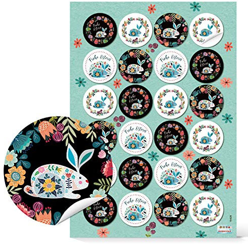 Logbuch-Verlag 24 Osteraufkleber schwarz bunt Osterhasen Frohe Ostern Aufkleber Sticker Deko Folklore-Stil Geschenkaufkleber