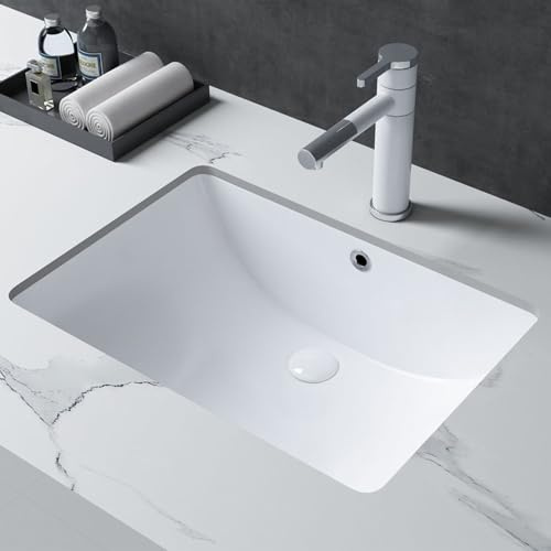 AMASHEN Rechteckiges Waschbecken, 53,3 x 35,6 cm, weiß, Unterbau-Gefäß-Waschbecken, Keramik-Waschtisch mit Überlauf für Badezimmer, Toilette