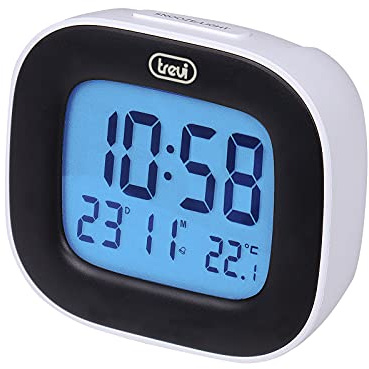 Trevi SLD 3875 Digitaler Wecker mit LCD-Display, 12/24-Stunden-Uhr, Thermometer, Kalender und Schlummerfunktion, einfache Bedienung, Stromversorgung über AAA-Batterien, Weiß