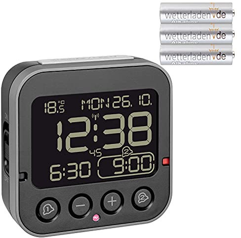 TFA Dostmann 60.2552.01 Bingo 2.0 digitaler Funk-Wecker mit Temperaturanzeige und Negativ-Display (schwarz mit Batterien)