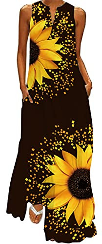 WINKEEY Damen Maxikleid Sommer Schmetterling Blumenkleid Sexy V-Ausschnitt Oversized Elegant Kleider Ärmelloses Kleid, Gelbe Sonnenblume L