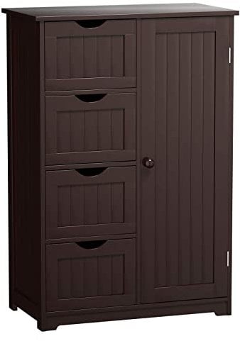 COSTWAY Bathroom Floor Cabinet, Wooden Free Standing Storage Cupboard with 3/4 Drawers, Adjustable Shelf and Door, Home Kitchen Living Room Hallway Organiser Unit (Brown, 4 Drawers)