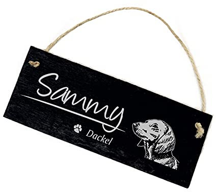 Schild Schiefertafel graviert - DACKEL Motiv Hund mit Wunschnamen Namensschild - Türschild 22x8cm | Dekolando Home Accessoires
