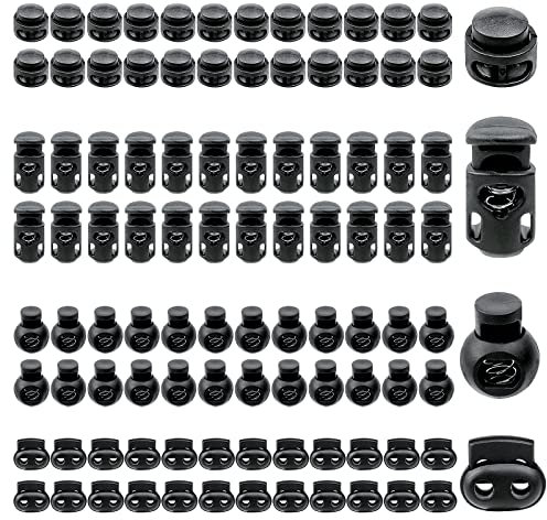 Lot de 100 Pinces à Ressort à Double Trou Unique - 4 Styles de Lacets - Bouchons de Cordon Rond en Plastique pour Le Camping, la randonnée, Le Sport, Les Sacs à Dos, Noir, Blanc, L
