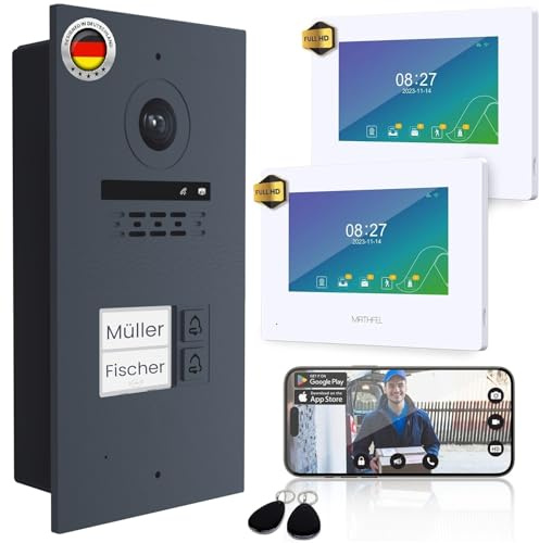 Mathfel 2-Draht Video Türsprechanlage mit RFID – WLAN Monitor, 2MP HD Kamera, 170° Weitwinkel, Türklingel mit Kamera & Türöffner für 2-Familienhaus (Anthrazit, 2 x 7)