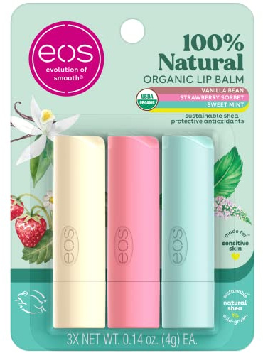 eos 100% Natural & Organic Lip Balm Trio- Vanilla Bean, Sweet Mint, & Strawberry Sorbet, Made for Sensitive Skin, Lip Care Products, 0.14 oz, 3-Pack