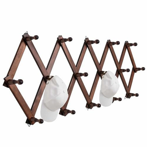 SCUNDA Hutablage für die Wand, erweiterbarer Wand-Huthalter mit 16 Haken, 40,6 cm, Holzwand-Hutablage für Hut, Baseballmützen, Cowboyhut, Tasche, Hoodie (braun)