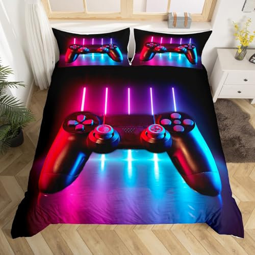 Jeu de literie Gamepad 200x200cm Console Jeu vidéo Housse de Couette Gamer Ensemble de lit dégradé néon Gamer Gaming Game Controller Impression de Manette de Moderne Housse de Couette