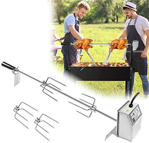 TRMLBE Brochetas Giratorias para Asar de 107 cm - Juego de Brochetas de Acero Inoxidable con Motor de 220 V - 240 V - Incluye 4 Agujas para Carne para Asador y Parrilla de Gas