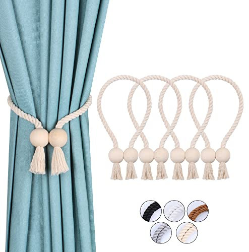 OCIOLI 4 Stück Starke magnetische Vorhang-Raffhalter, Raffhalter für vorhänge, gardinen Raffhalter, Raffhalter magnetisch, handgewebt Raffhalter, Vorhang Raffhalter (Beige - Ball, 4)