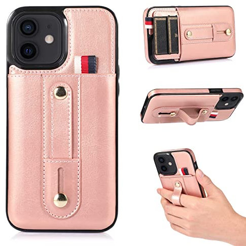 ZCDAYE Case for iPhone 14, Non-slip Finger Holder Adjustable Strap Leather Wallet Phone Case for iPhone 14 (6.1 inches), Pink