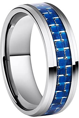 Homxi Herrenring Gothic,Ring Rund mit Kohlefaser 8MM Herren Ringe Wolfram Blau Silber Ring Herren Große 65 (20.7)