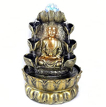 MOOWI Tabletop Fountain Zen Water Sound Desktop Waterfall Fountain Lucky Feng Shui Ball Fountains Gold Buddha Statue Lotus Peaceful Home Decoration Meditation Indoor Waterfall