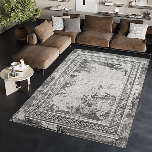 TAPISO Ares Teppich Kurzflor Glänzend Dunkelgrau Grau Rahmen 80 x 150 cm | Bordüre Barock Klassisch 3D Effekt Wohnzimmer Schlafzimmer OEKO-TEX