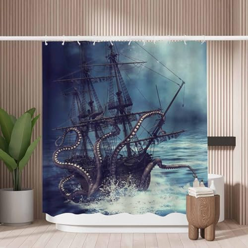 Woutay Shower Curtain Mould Proof Resistant Pirate Ship,Water Repellant Fabric,Polyester,with 12 Plastic Hooks,Size 180x180CM