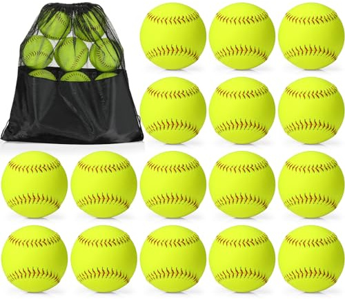 Sonwyoung 16 Pack Sports Practice Softball with Mesh Bag, Official Size and Weight Slowpitch Softball, Unmarked Leather Covered Youth Fastpitch Ball Training Ball for Training(11 Inch)